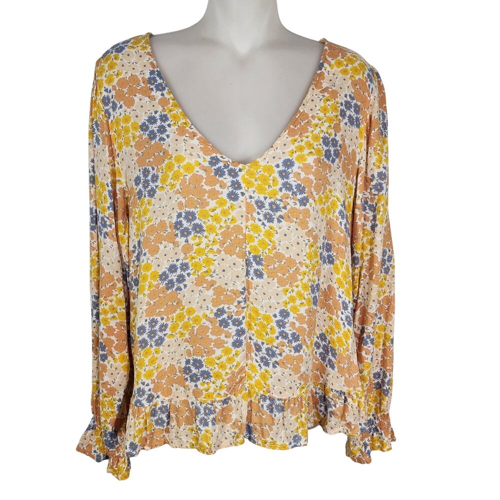 Lucky Brand Blouse Top Womens M Yellow Floral V Neck Long Sleeve Pullover Ruffle